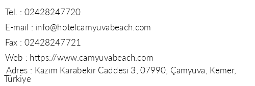 Camyuva Beach Hotel telefon numaralar, faks, e-mail, posta adresi ve iletiim bilgileri